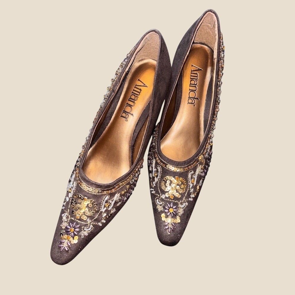 børn Amanda Embellished Pointed Toe Stiletto Pump Heels Brown Womens 10M leather